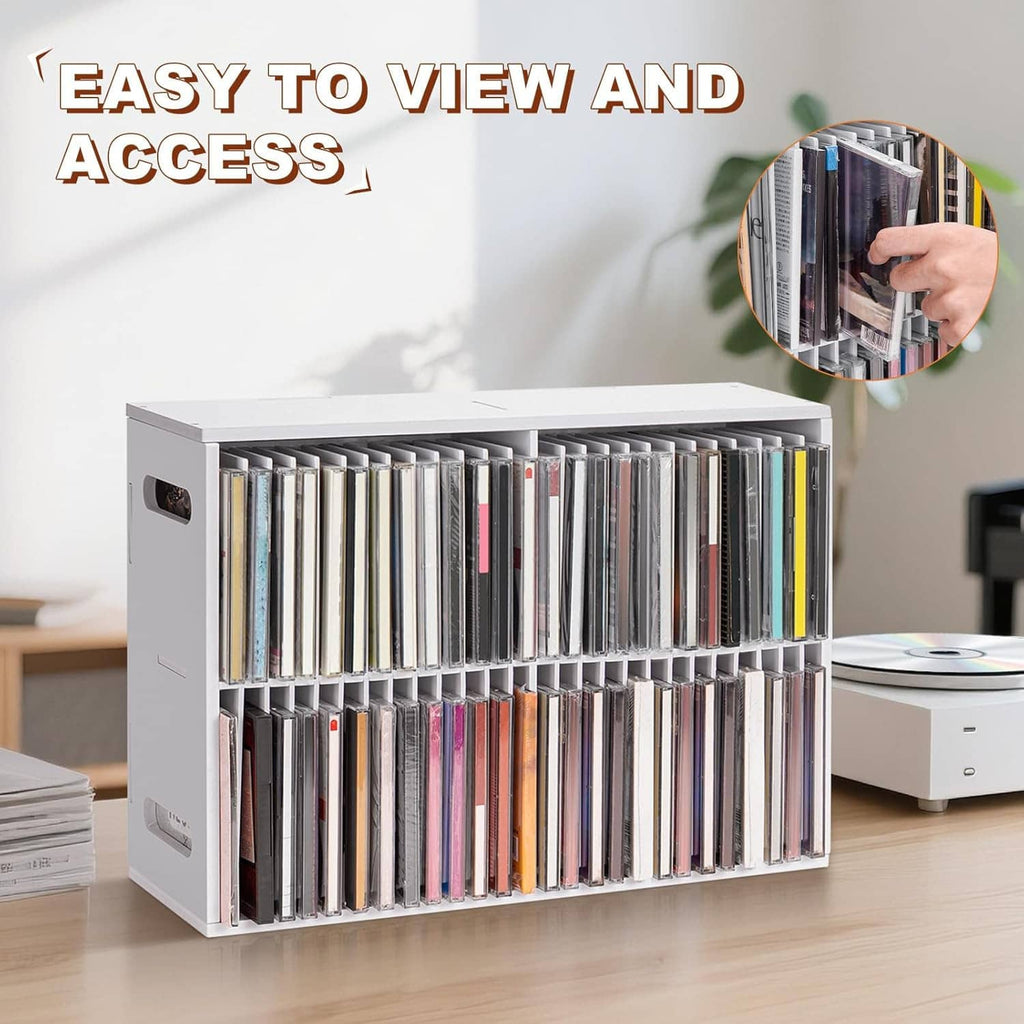 White CD storage rack with open front and two rows of jewel case slots, CDs visible