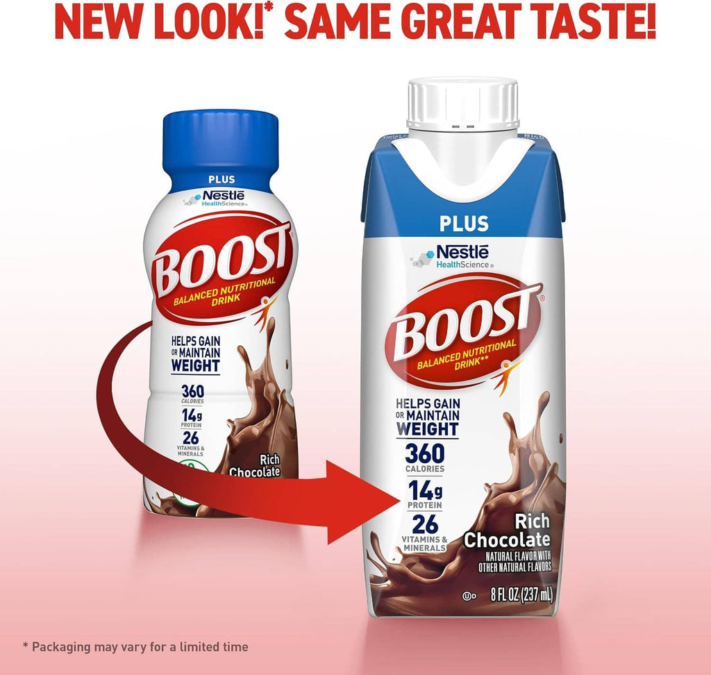 Rich chocolate nutritional drink cartons shown in front and side-by-side layout.