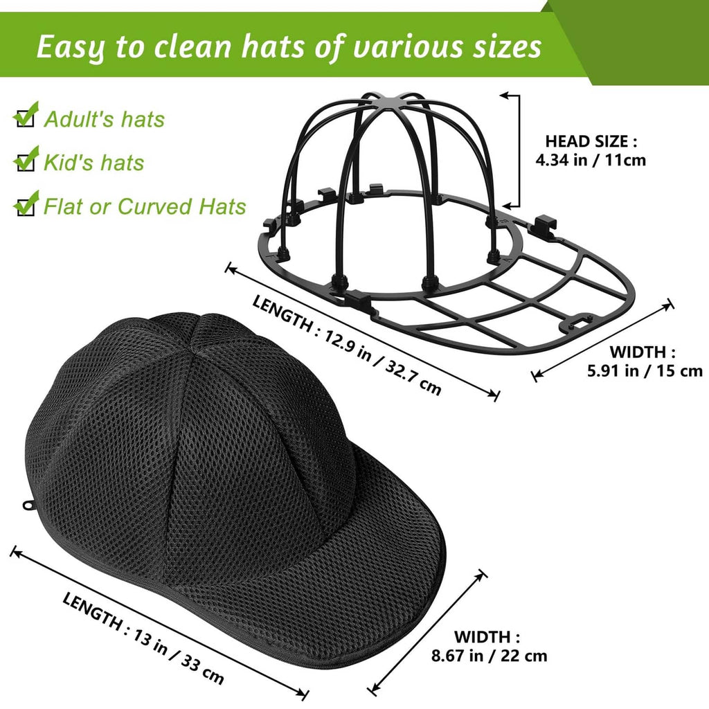 Black hat washer cage with mesh cover and flexible rack for hats