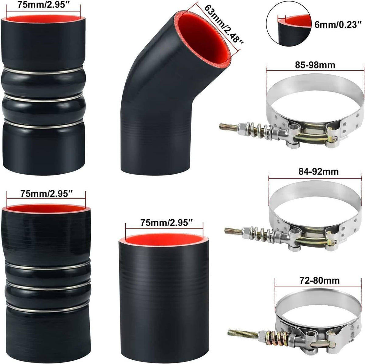 Black silicone intercooler hoses with red liners plus silver clamps, shown with size callouts.