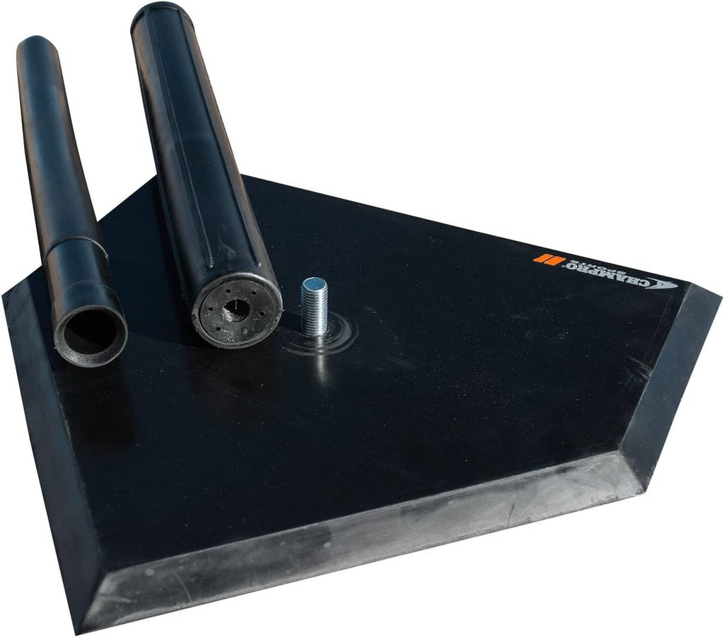 Black rubber batting tee base with two posts and threaded height adjustment parts