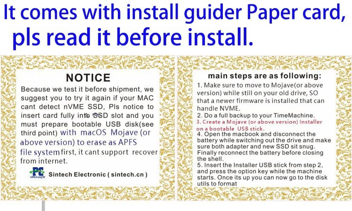 Installation guide notice card for Sintech M.2 NGFF nVME SSD adapter