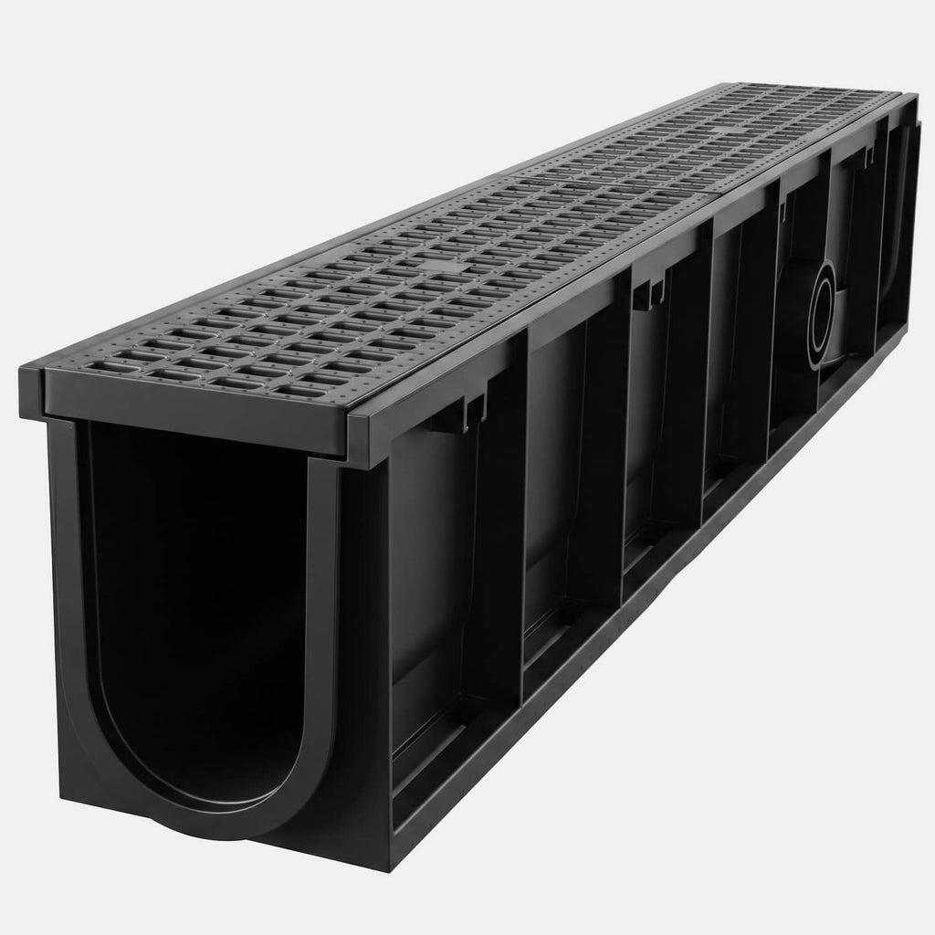 Black HDPE linear drainage channel with deep inner walls and rectangular slotted grate