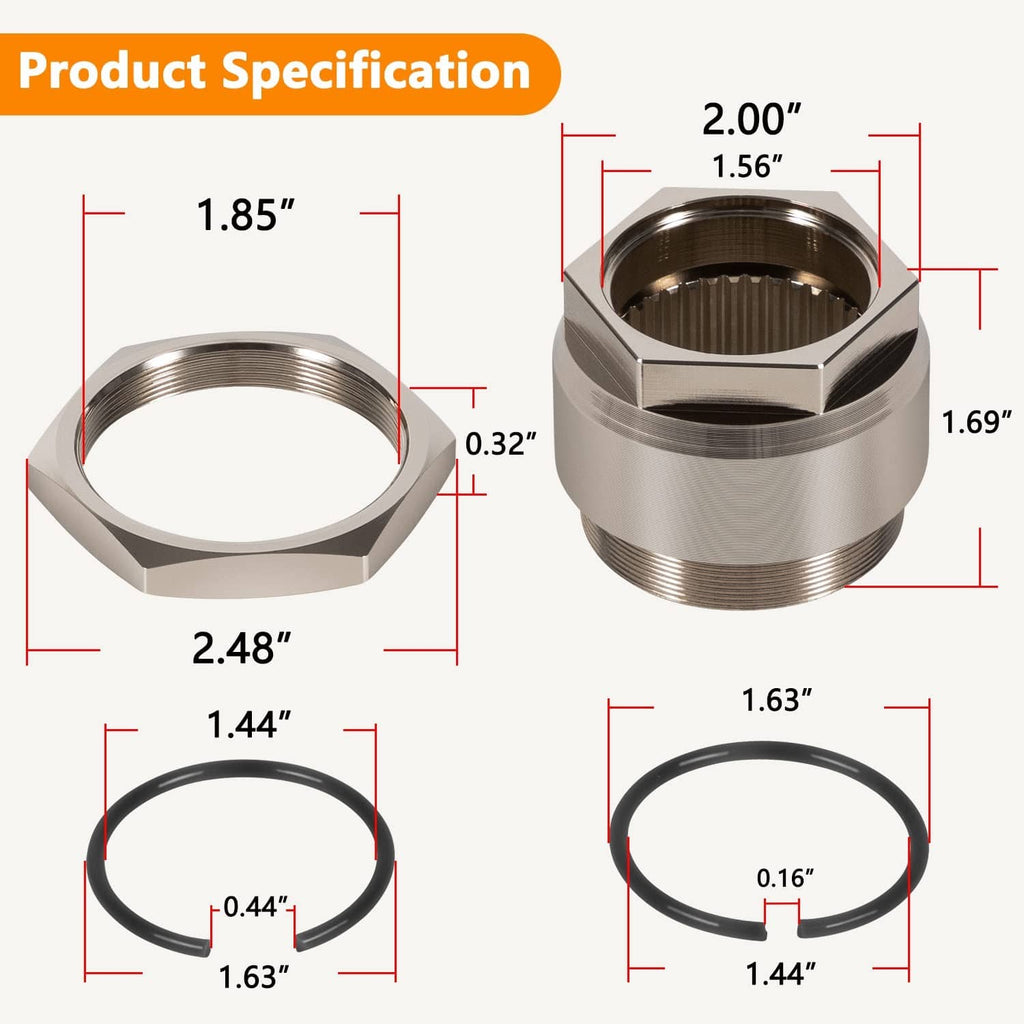 Rear axle lock jam nut dimensions with hex nut and black O-ring