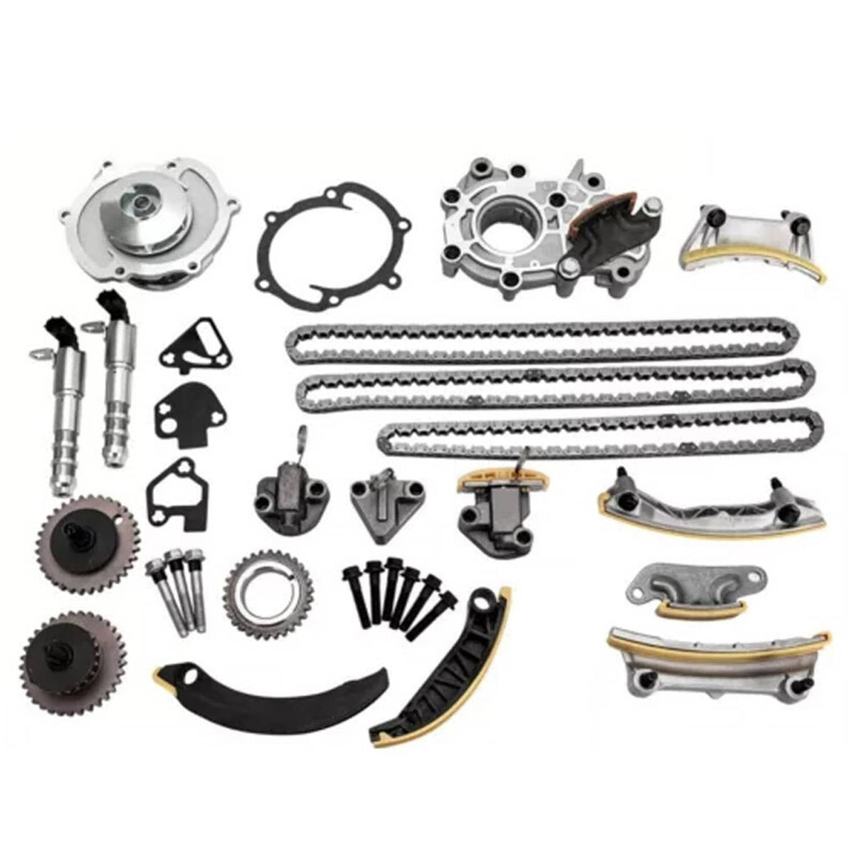 Timing chain kit parts with cam drive chains, guides, sprockets, and actuator pieces