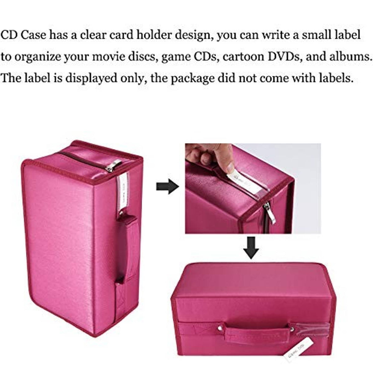 Magenta CD case with clear card holder panel and zipper closure, shown from different angles.