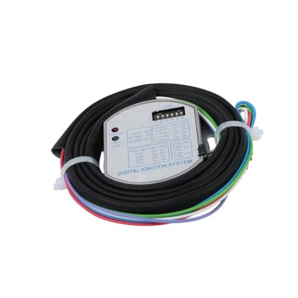Programmable single-fire ignition module with black harness and silver unit facing up