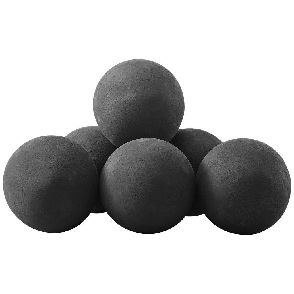 Set of 6 round ceramic fire balls, matte dark gray lava rock style