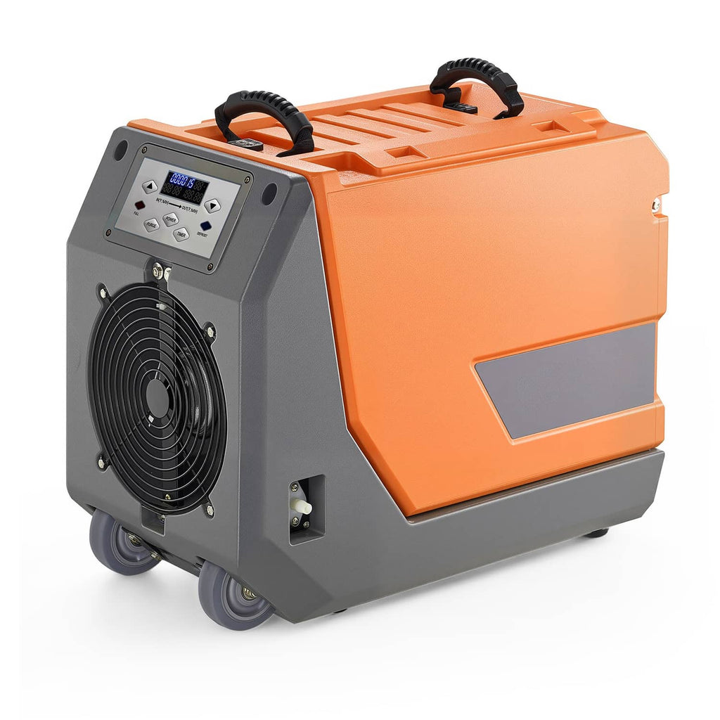 Side view of orange and gray dehumidifier with pump, front fan and wheels