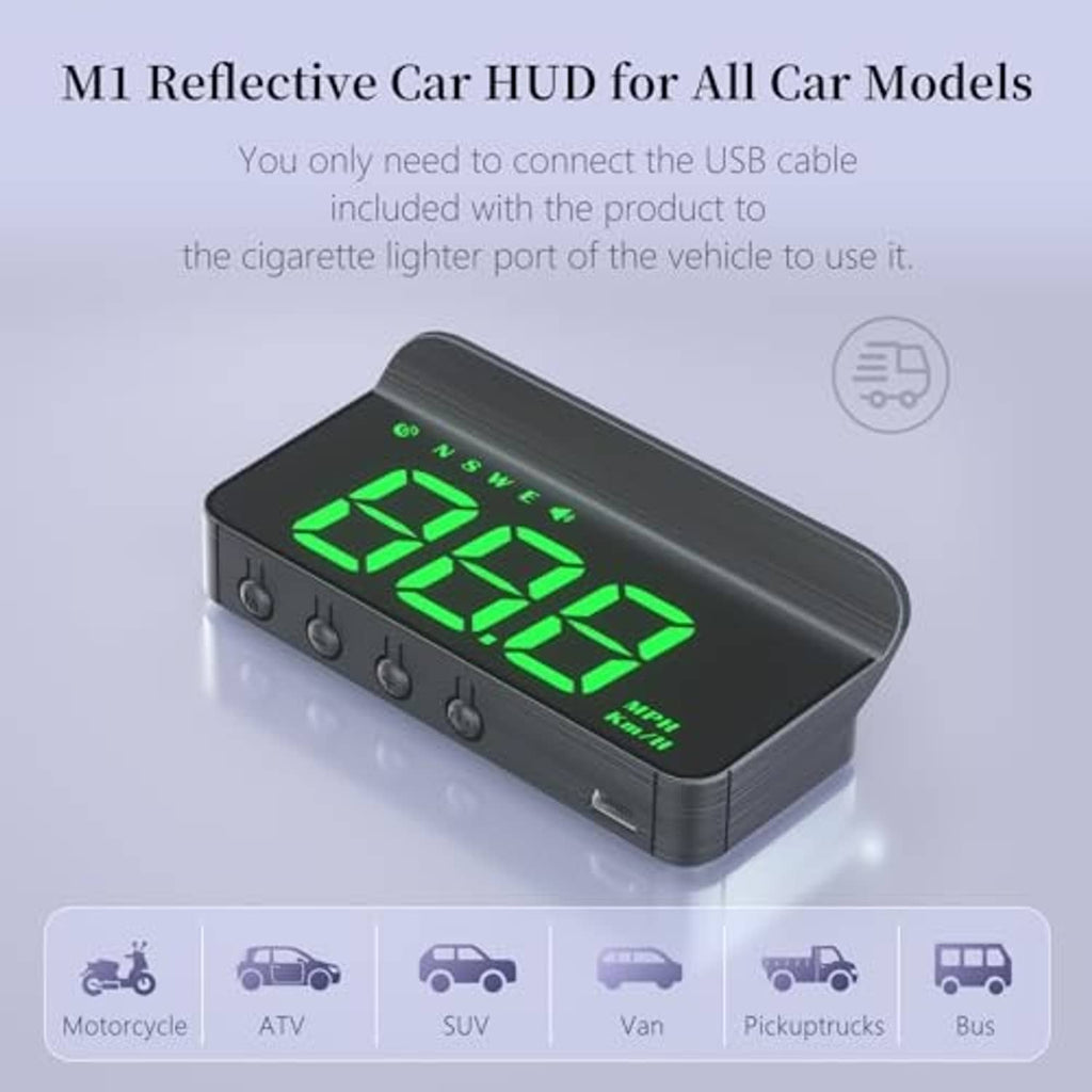 Black car heads-up display box with green speed digits and USB connection end