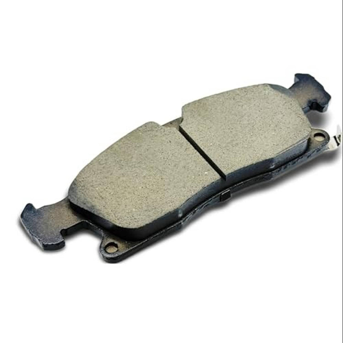 Ceramic brake pad with light gray friction material and metal backing ears