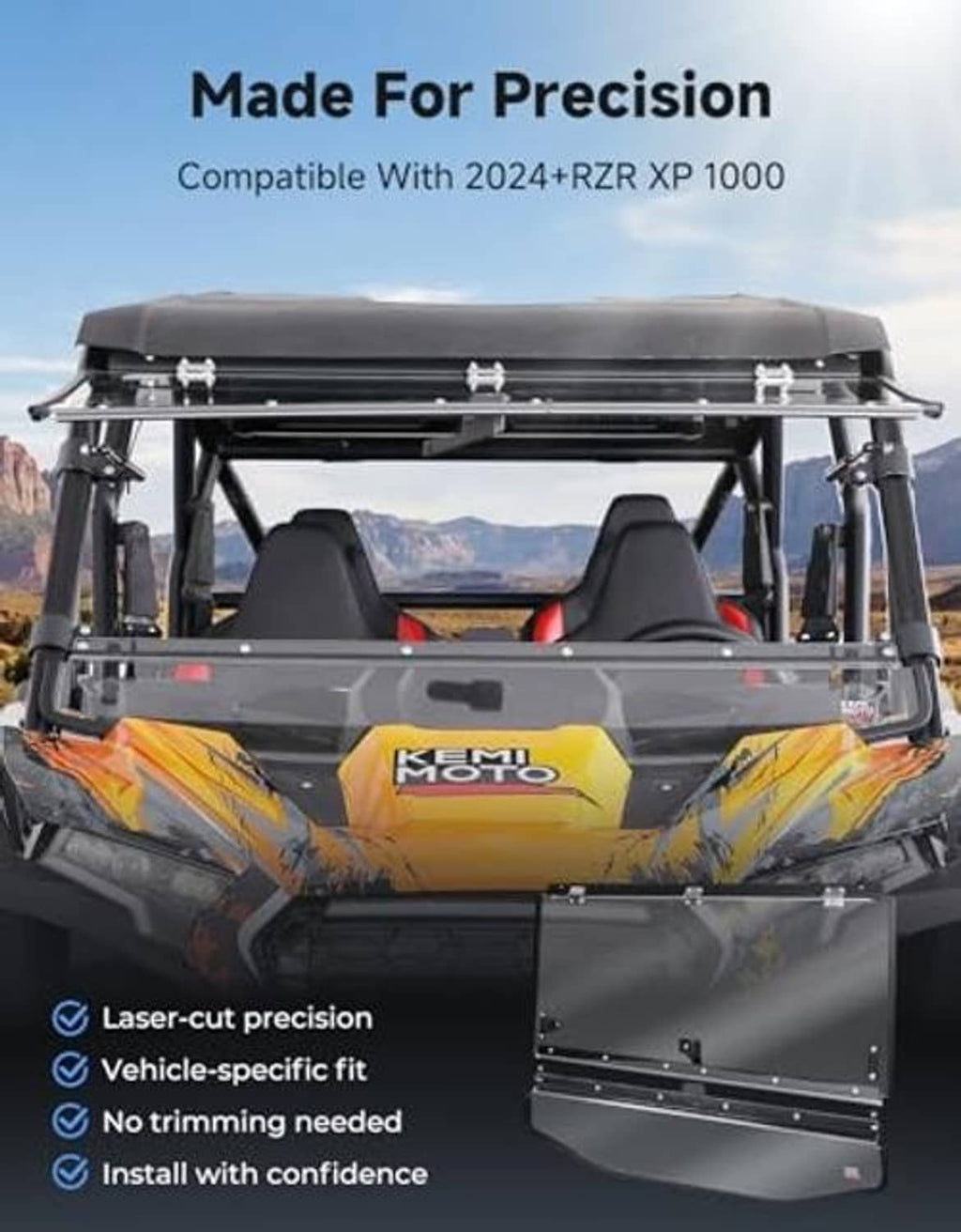 Front flip windshield on UTV cab with black frame and clear panel