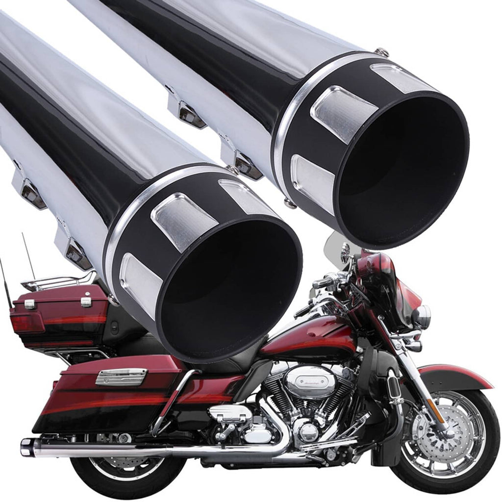 Pair of chrome slip-on exhaust mufflers with black end caps and round outlets