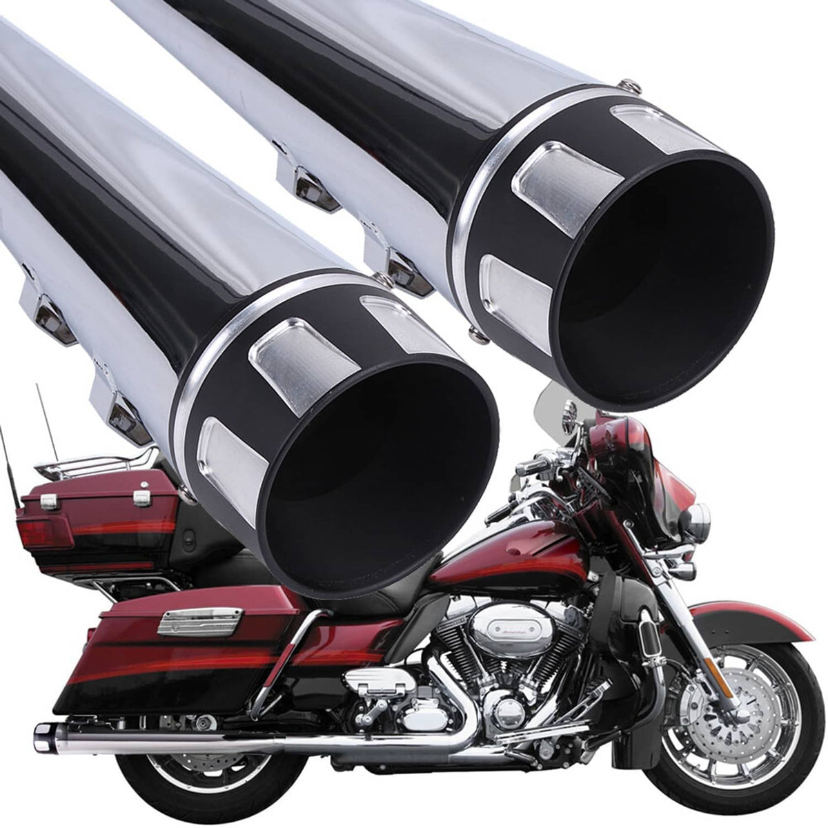 Pair of chrome slip-on exhaust mufflers with black end caps and round outlets