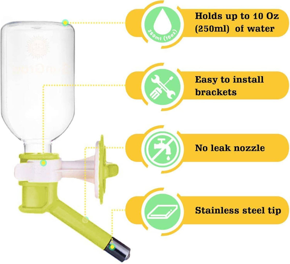 Pet cage water bottle dispenser with green parts; infographic shows 10 oz and no-leak tip
