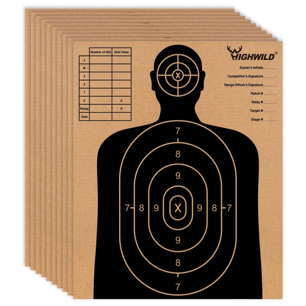 Highwild cardboard shooting targets, black silhouette bullseye on brown corrugated sheets