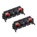 Black speaker terminal block with red push-release spring clips and 2-pin outlets