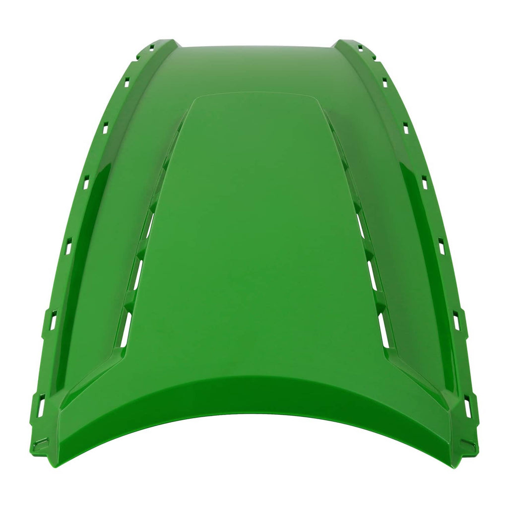 Green tractor hood panel with curved top and side vent channels