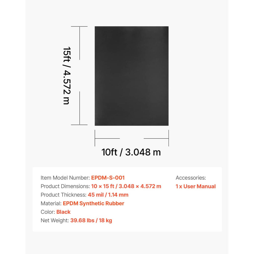 Black EPDM rubber membrane dimensions graphic, 10ft x 15ft rectangle