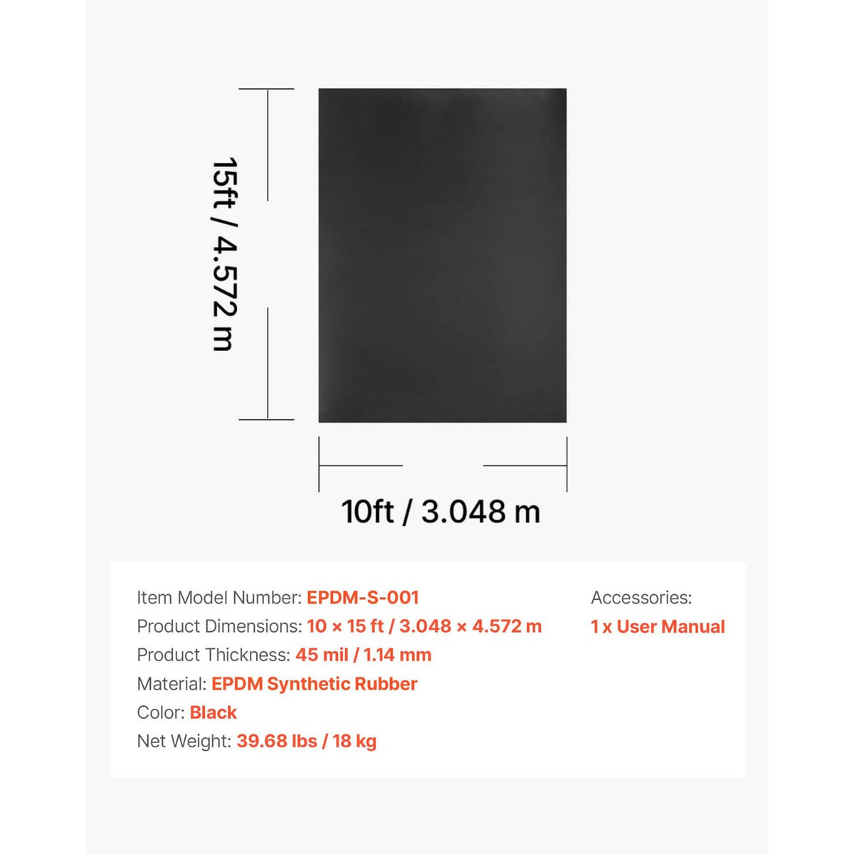 Black EPDM rubber membrane dimensions graphic, 10ft x 15ft rectangle
