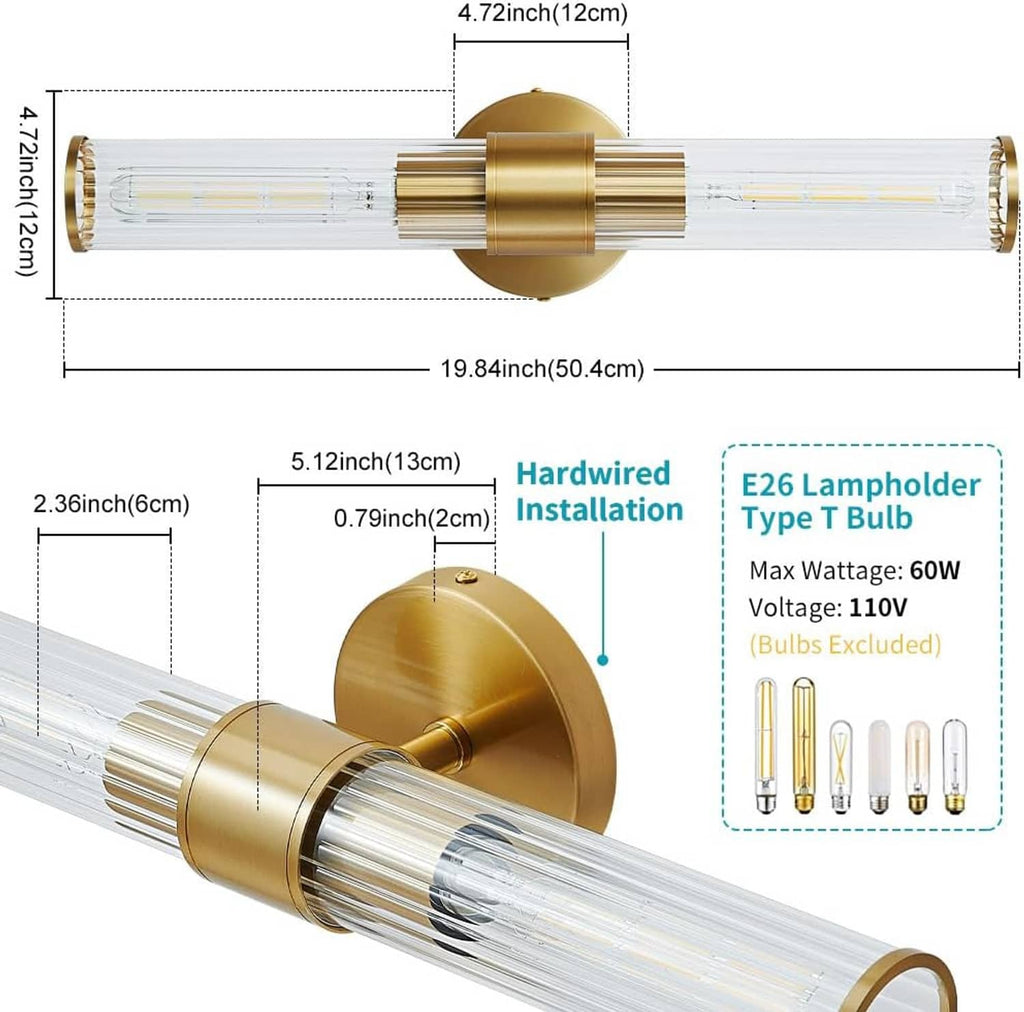Gold vanity light fixture design with clear glass tube, round backplate, E26 lamp holder.