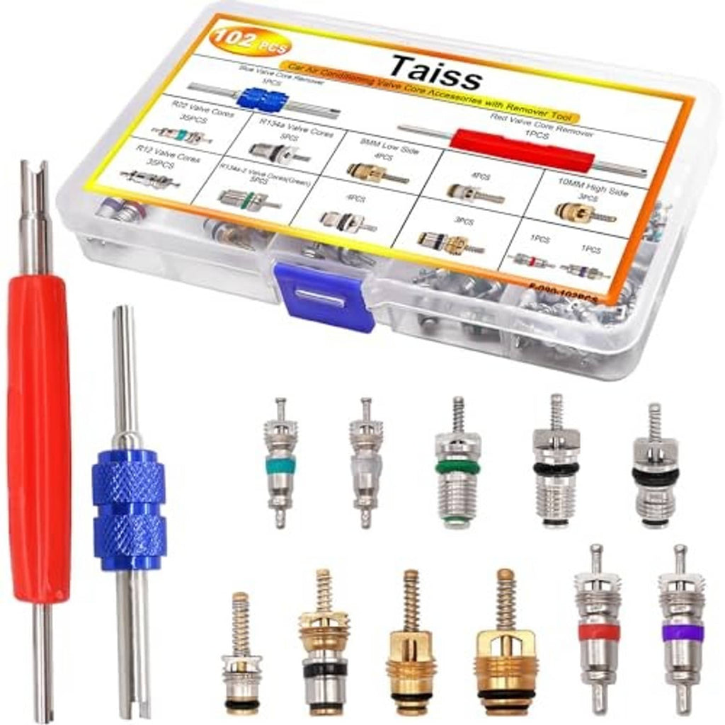 Car A/C valve core accessories kit with clear case and lineup of valve cores and remover tools