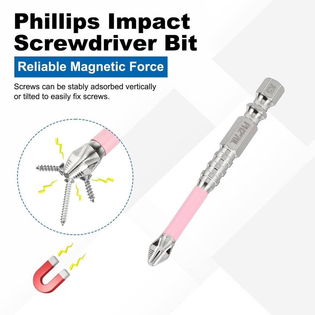 Phillips impact screwdriver bit with pink shaft and pointed magnetic tip