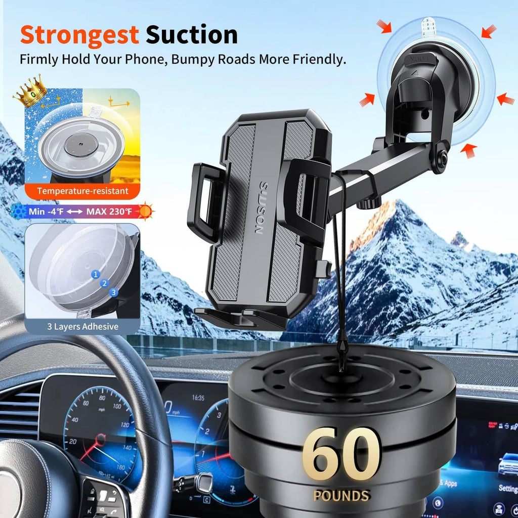 Black car phone holder with strong suction cup base for secure attachment