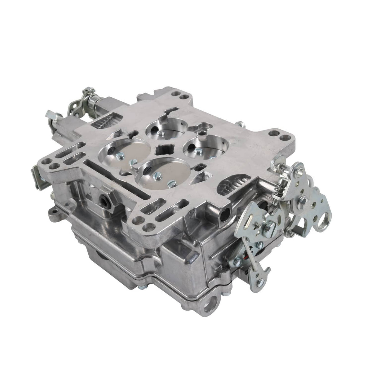 4-barrel square-bore carburetor with manual choke, angled top view of ports