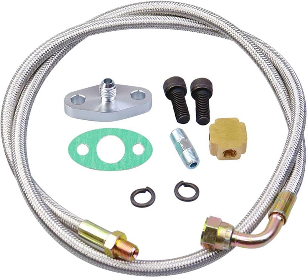 Turbo oil feed line kit with braided hose, flange bracket, gasket, fittings, and black bolts