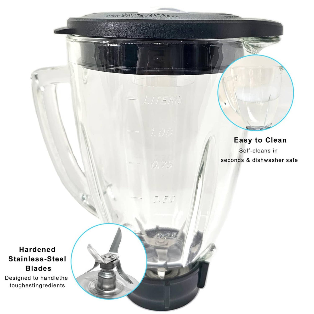 Transparent blender jar with black lid and stainless-steel blade assembly