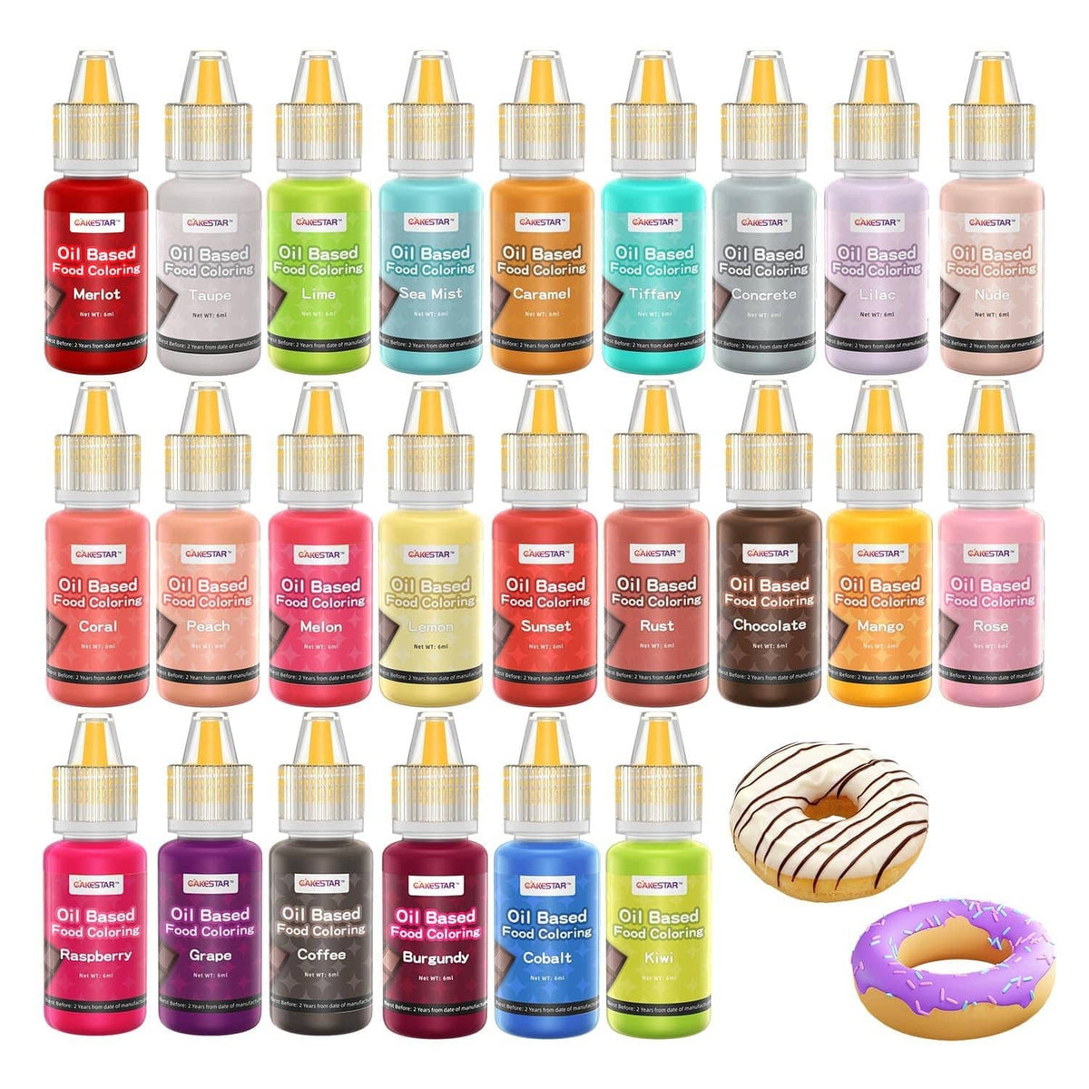 Oil-based food coloring set with 24 small bottles in assorted colors, capped droppers