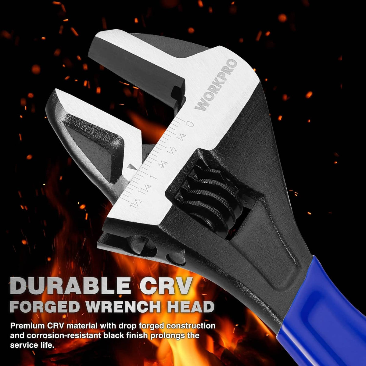 WORKPRO adjustable wrench with dark handle and silver jaw head, knurled adjustment