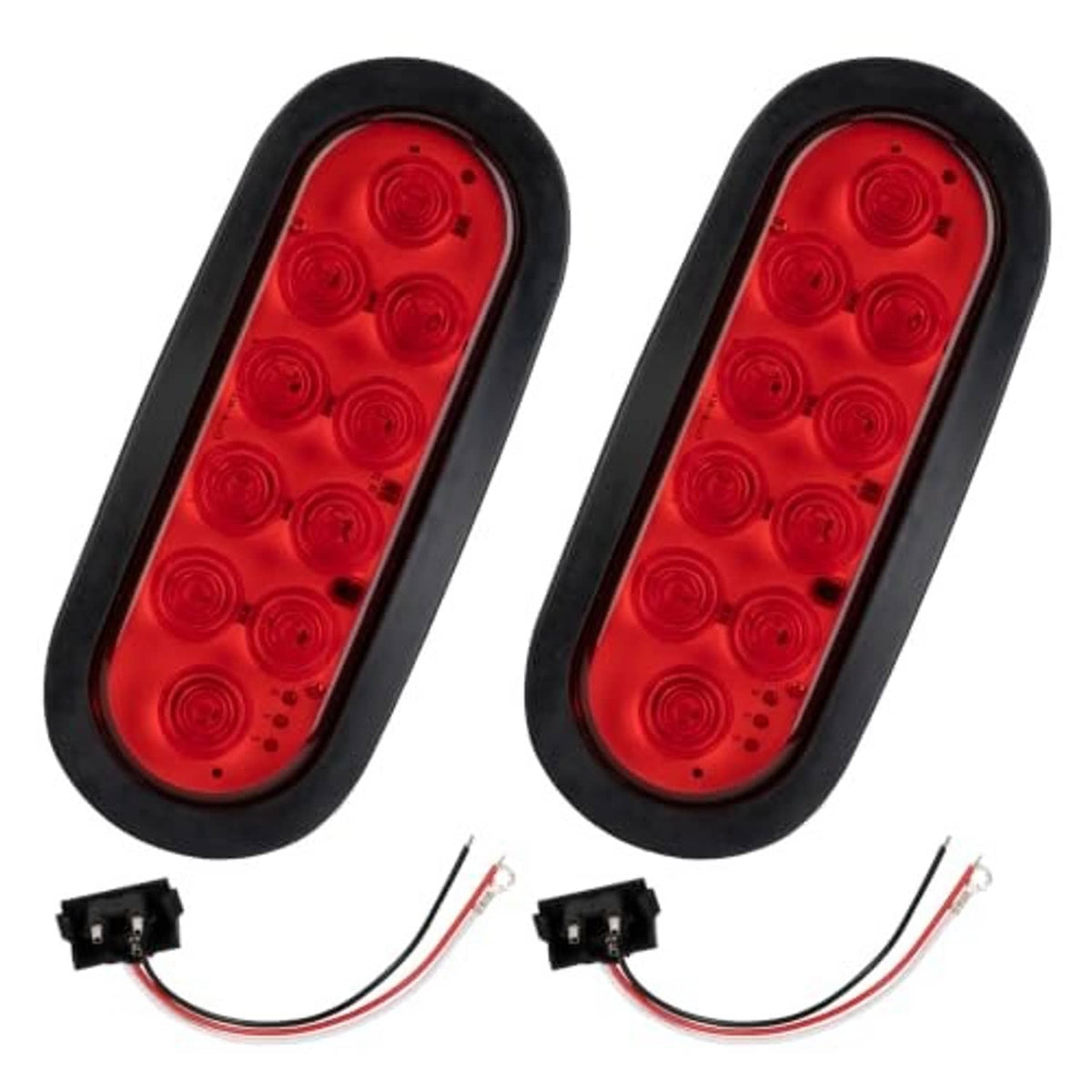 Pair of red oval LED trailer tail lights with black frames and attached wire connectors