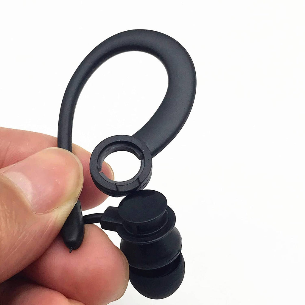 Black in-ear earhook earbud set shown held by fingers for fit adjustment.