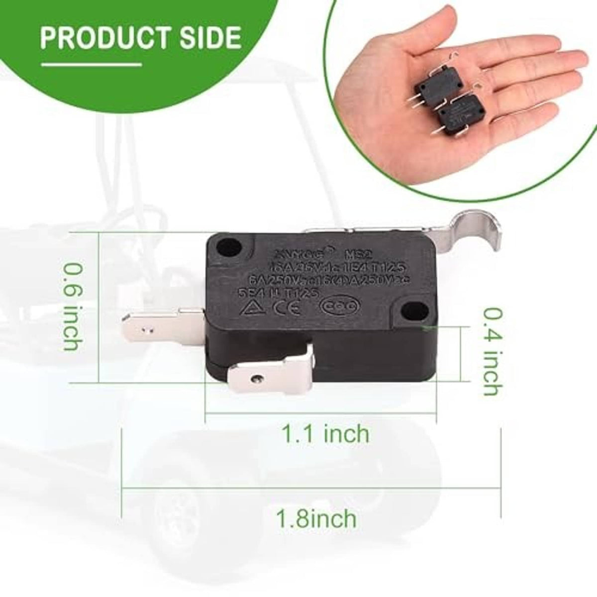 Black micro switch with silver terminals, size shown as 1.1 in by 1.8 in