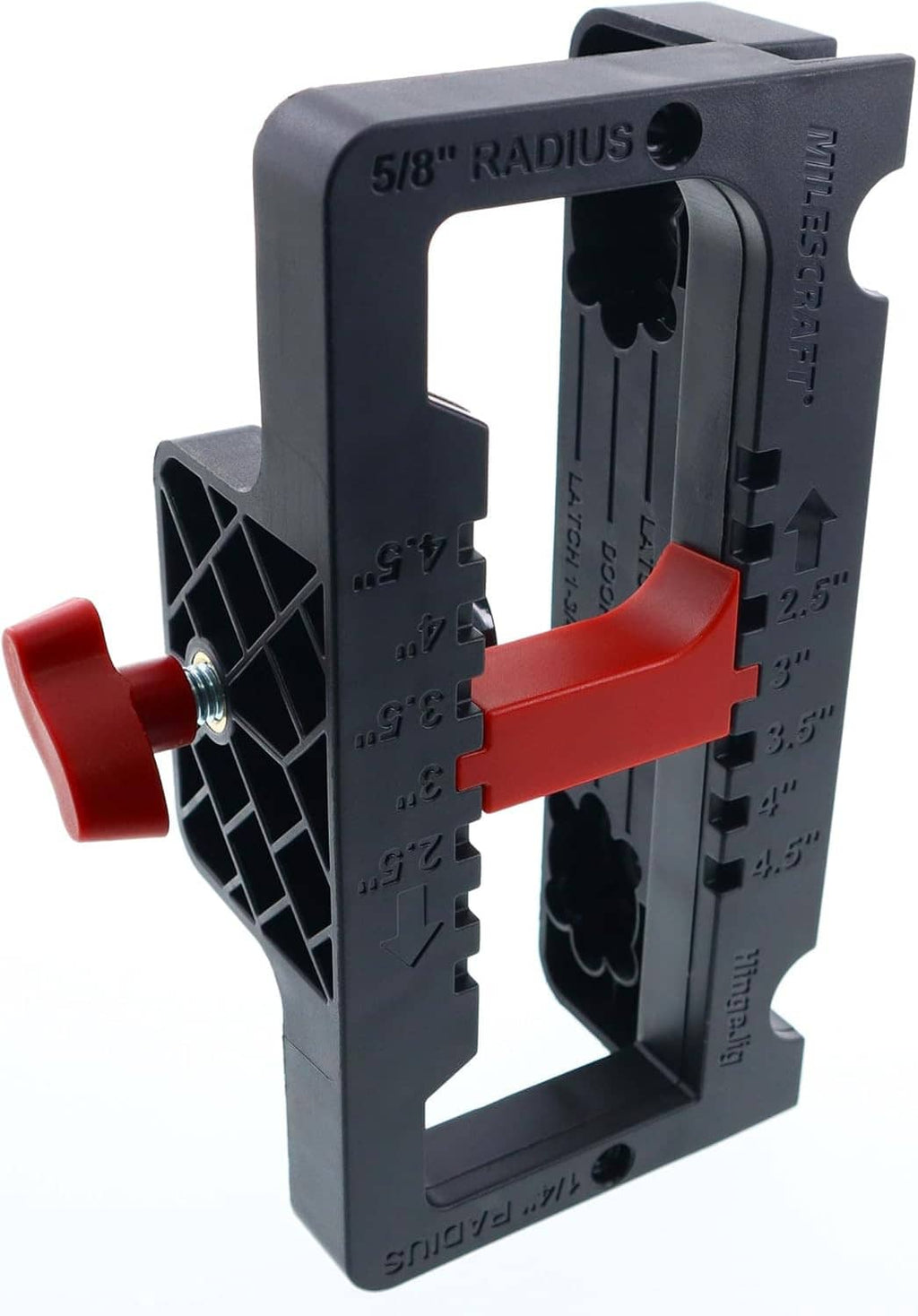 Door hinge jig frame with red handle, 5/8 radius, and depth markings