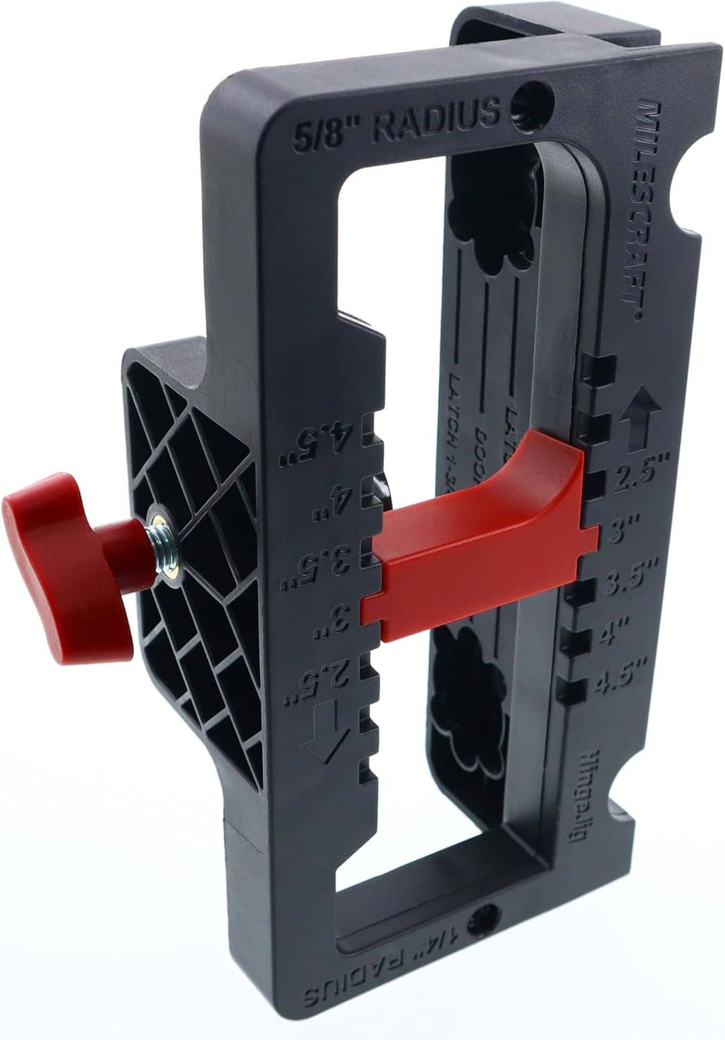 Door hinge jig frame with red handle, 5/8 radius, and depth markings