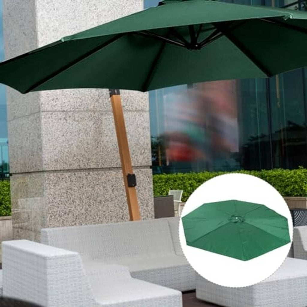 Dark green patio umbrella canopy with 6 ribs above outdoor seating; center vent visible