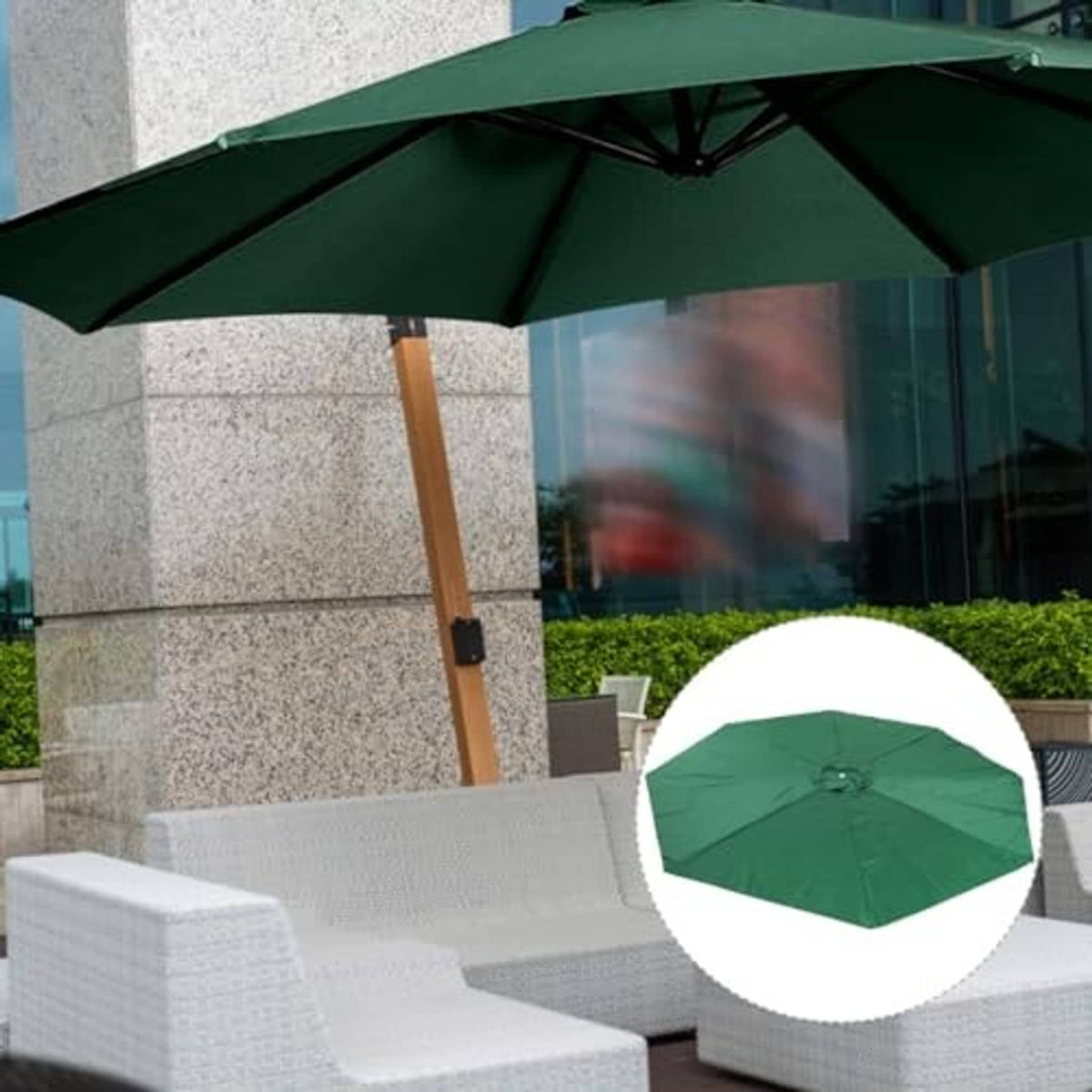 Dark green patio umbrella canopy with 6 ribs above outdoor seating; center vent visible
