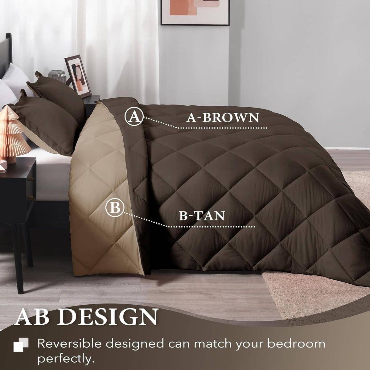 Reversible comforter set in brown and tan with quilted diamond stitching