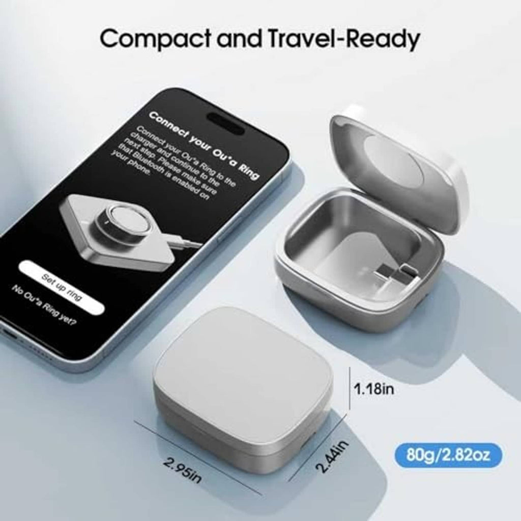 Gray portable Oura Ring charging case with USB cable and built-in cradle