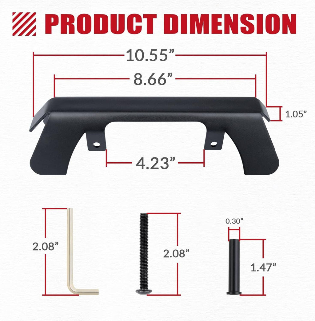 Black security bracket with labeled dimensions and mounting-hole layout diagram