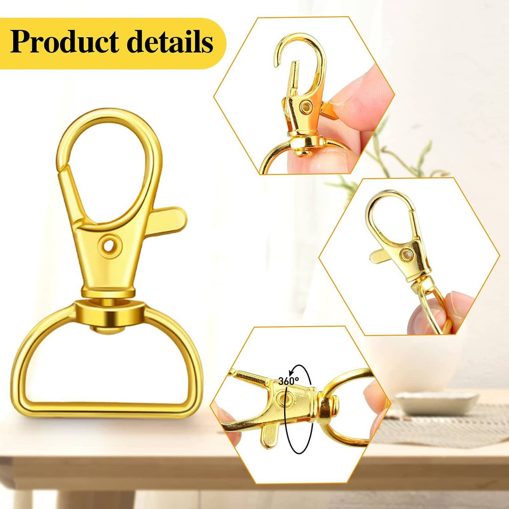 Gold D-ring purse clip hardware with swivel snap and locking plate, close-up