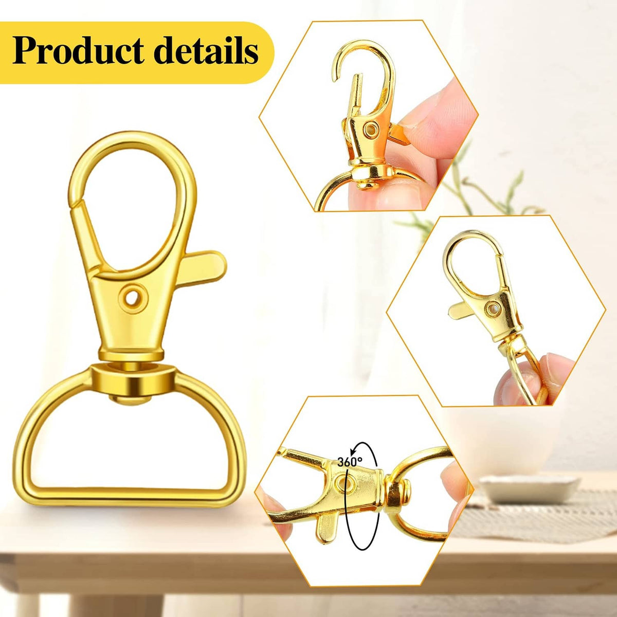 Gold D-ring purse clip hardware with swivel snap and locking plate, close-up