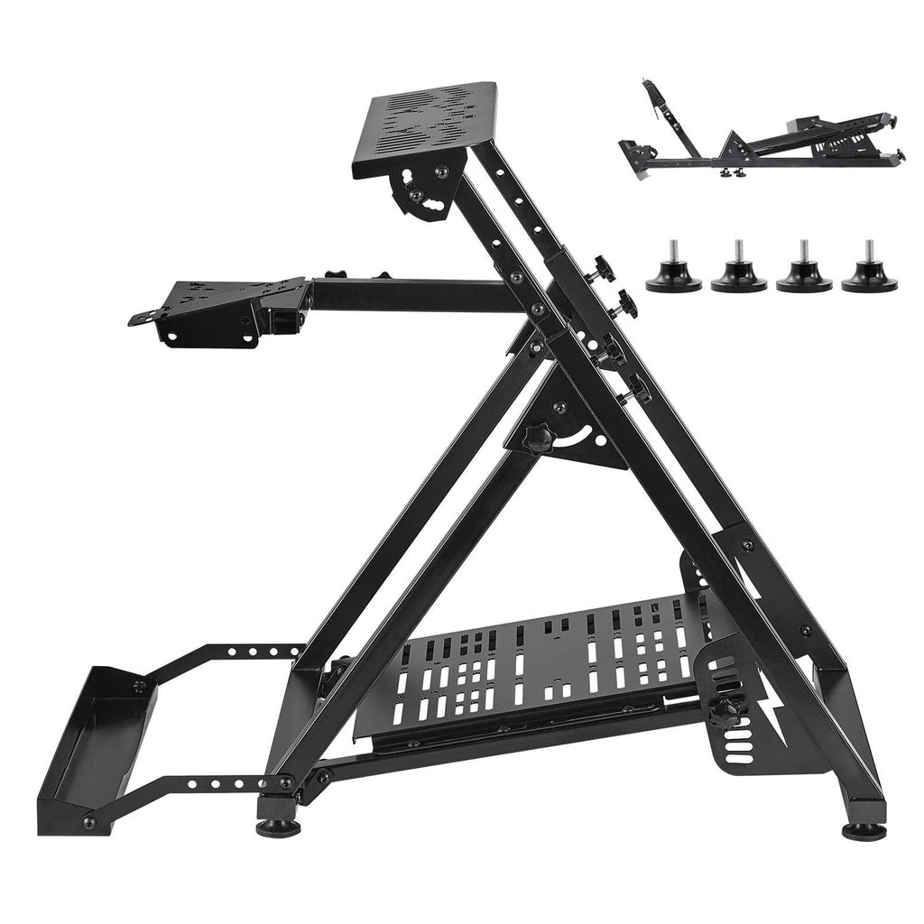 Foldable racing steering wheel stand with pedal platform, black metal frame