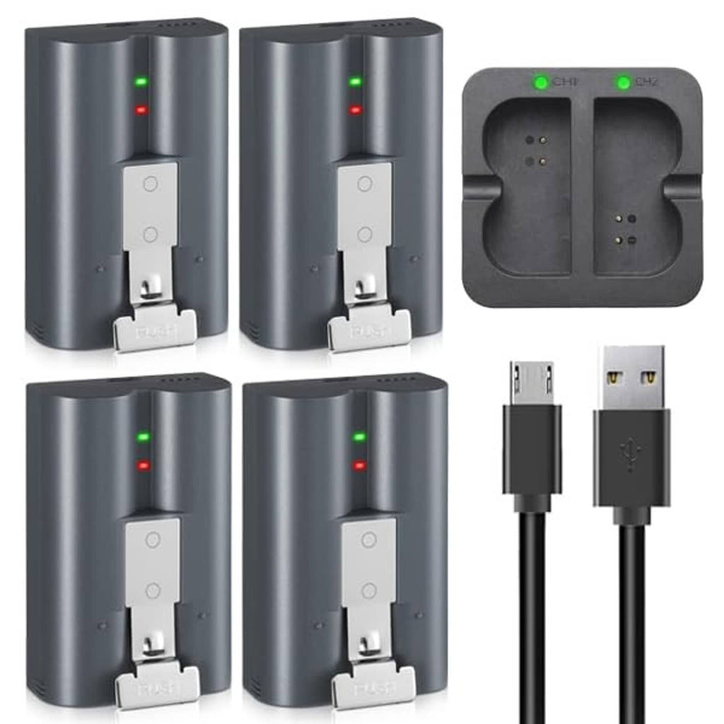 Dual battery charging station set with four slots and attached USB cables