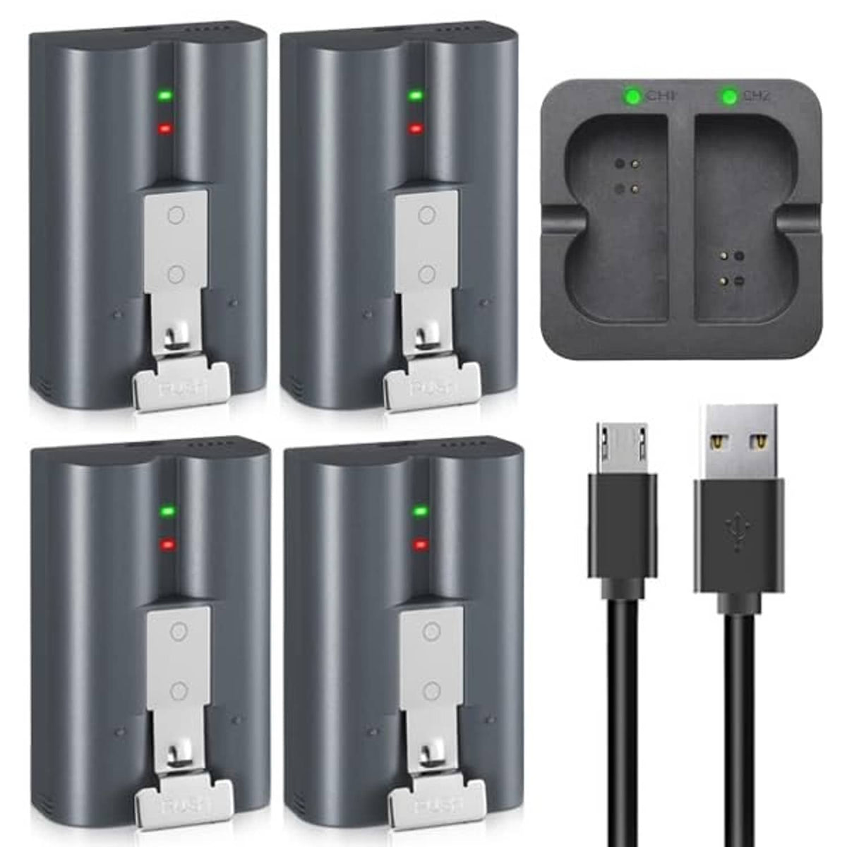 Dual battery charging station set with four slots and attached USB cables