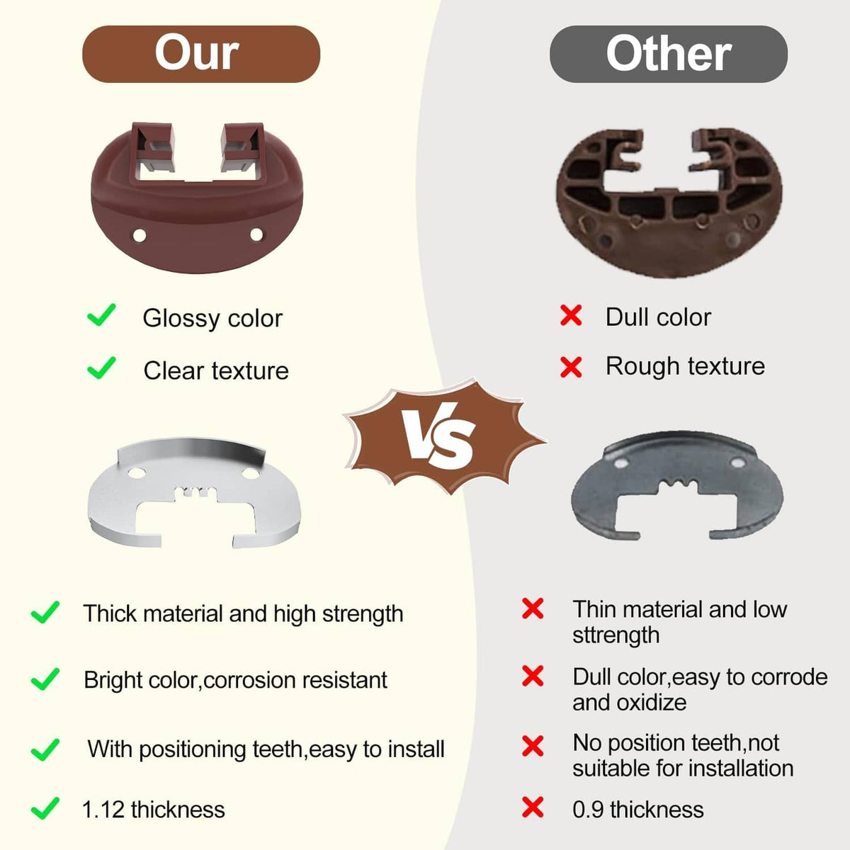 Dark brown drawer guide comparison panel showing glossy finish and thick guide material