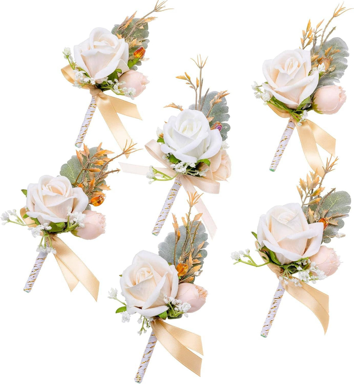 Men's boutonniere set of 6: white roses, greenery sprigs, champagne ribbon and twine stems